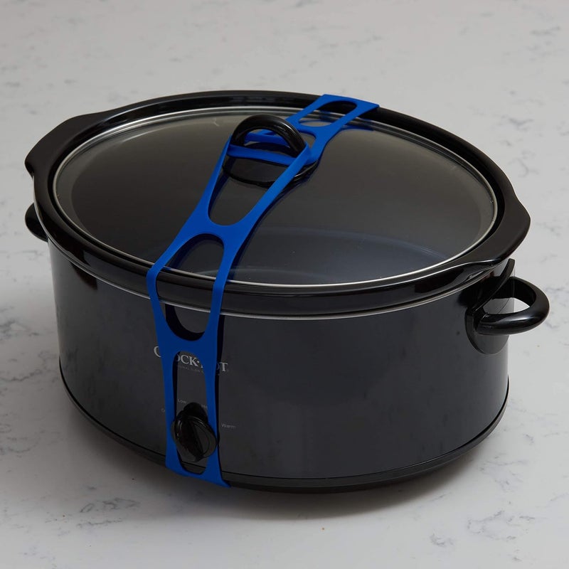 mella Lid Latch the reusable universal lid securing strap for crockpots, casserole dishes, pots, pans and more. Make it easy to transport your favorite dishes with one simple strap. - Image 4